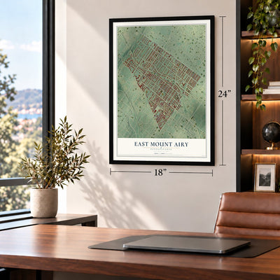 East Mount Airy, Pennsylvania map, 18 x 24 inch print in a black frame in a home office