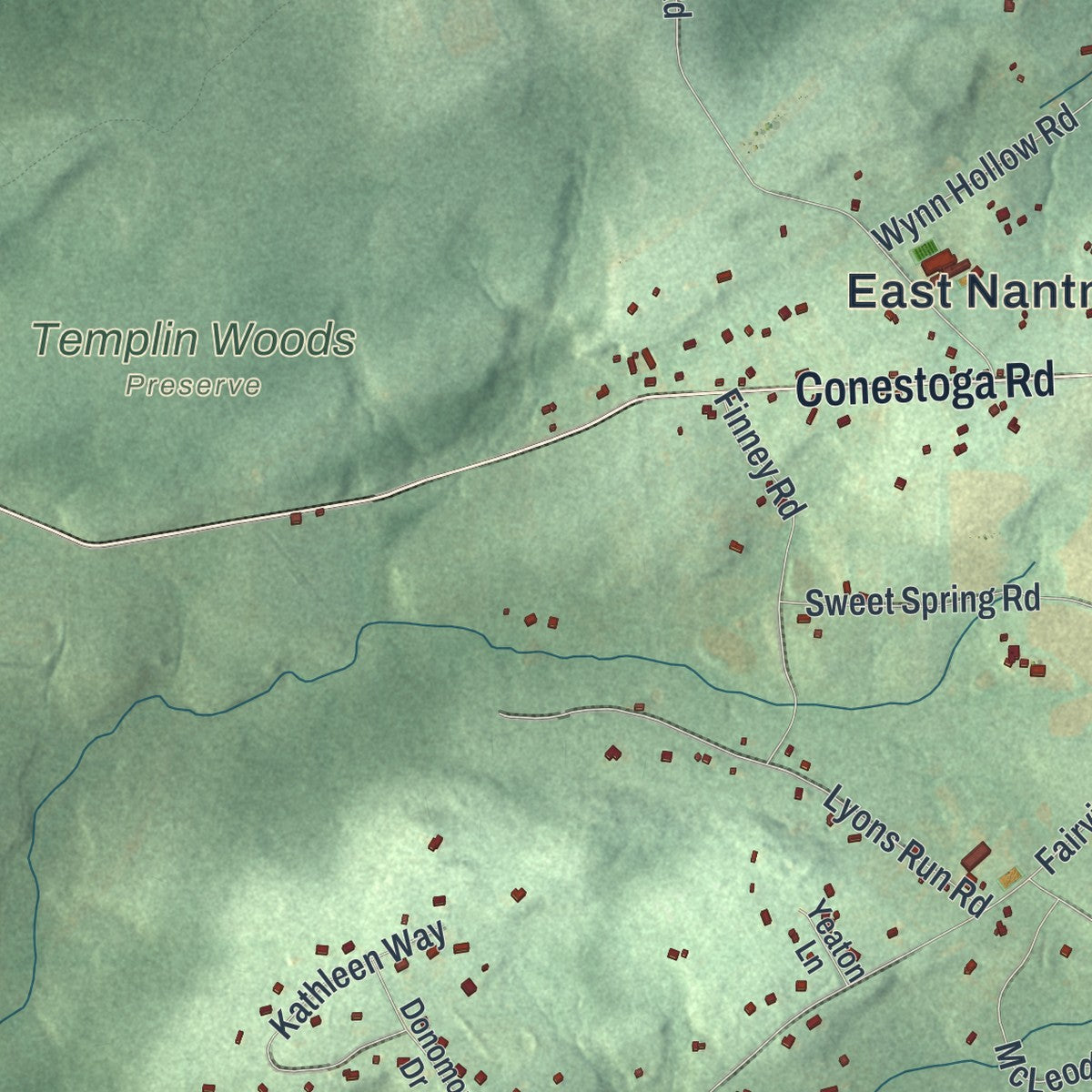 Close-up of the map of East Nantmeal, Pennsylvania print showing street and building detail