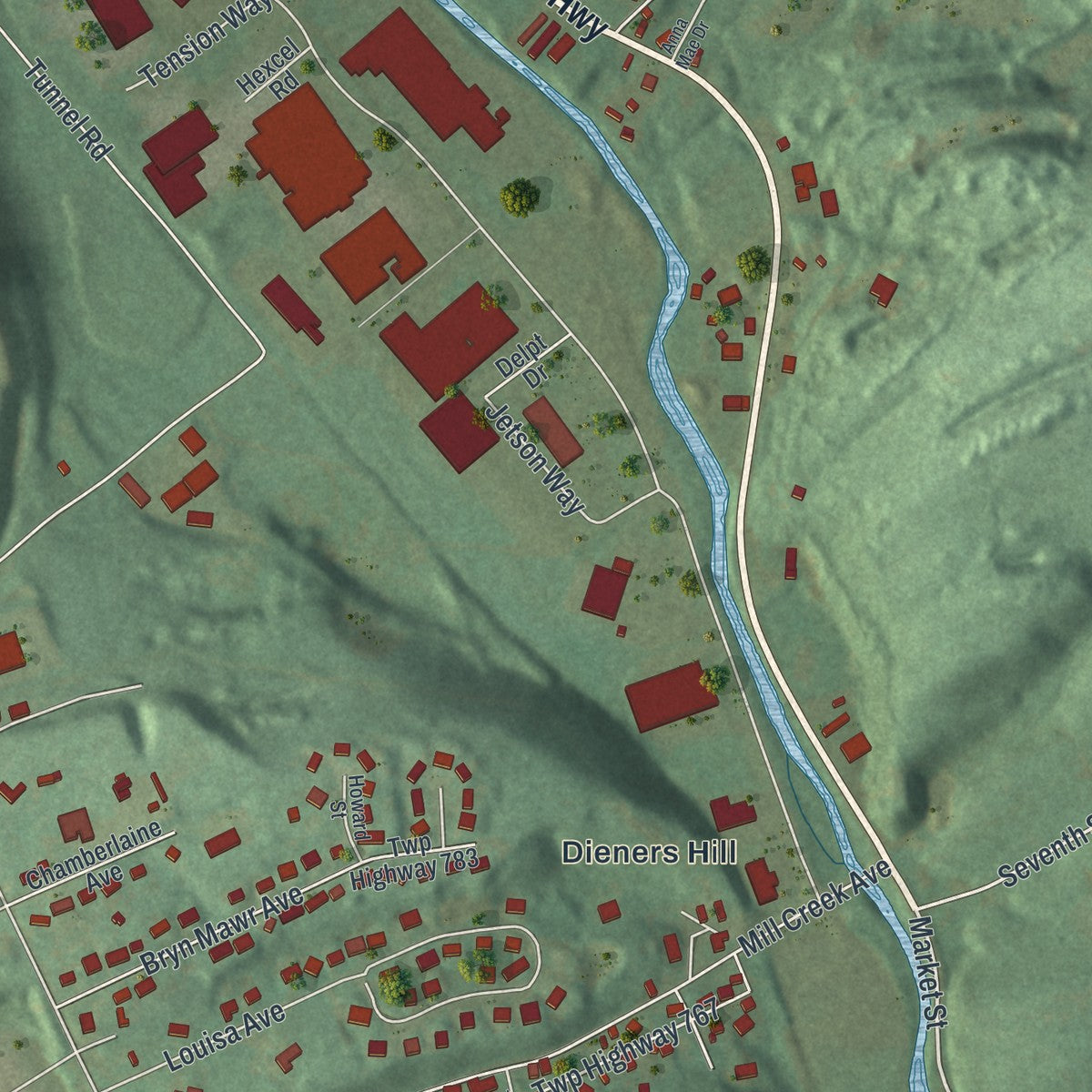 Close-up of the map of East Norwegian, Pennsylvania print showing street and building detail