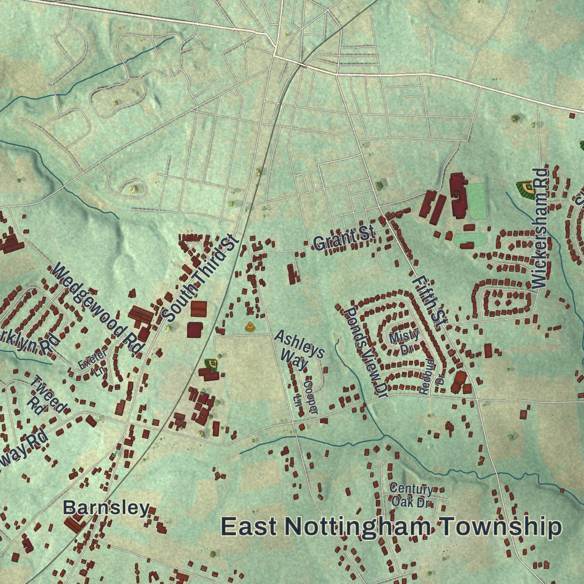 Close-up of the map of East Nottingham, Pennsylvania print showing street and building detail