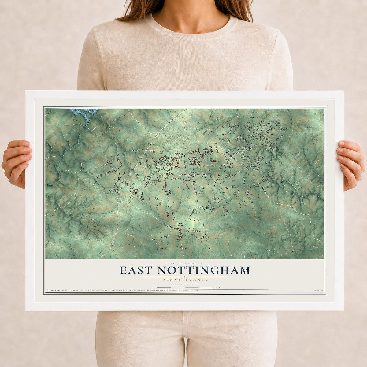 Map of East Nottingham, Pennsylvania, 12 x 18 inch print in a white wood frame