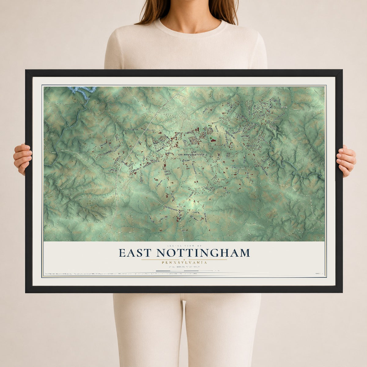 Map of East Nottingham, Pennsylvania, 24 x 36 inch print in a black wood frame