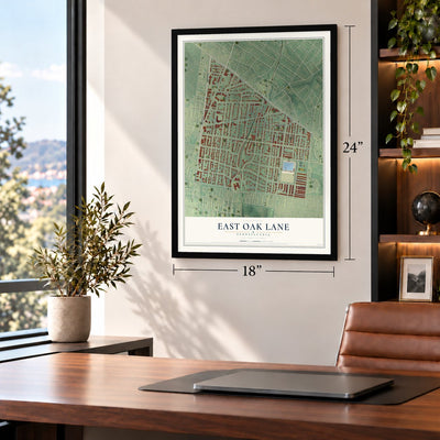 East Oak Lane, Pennsylvania map, 18 x 24 inch print in a black frame in a home office