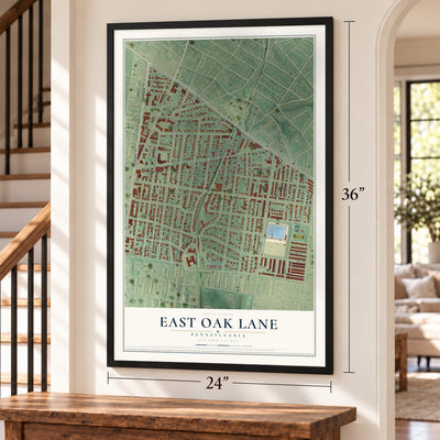 East Oak Lane, Pennsylvania map, 24 x 36 inch print in a black frame by a staircase