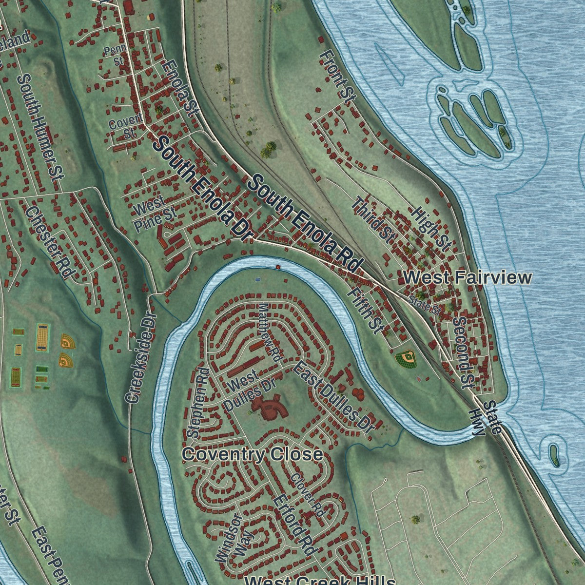 Second close-up of the map of East Pennsboro, Pennsylvania print showing more streets and buildings