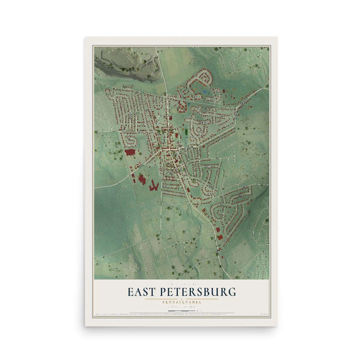 Map of East Petersburg, Pennsylvania, 12 x 18 inch unframed archival matte print