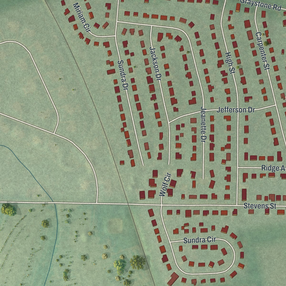 Second close-up of the map of East Petersburg, Pennsylvania print showing more streets and buildings
