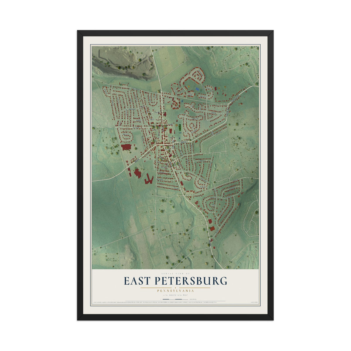 Map of East Petersburg, Pennsylvania, 12 x 18 inch print in a black wood frame