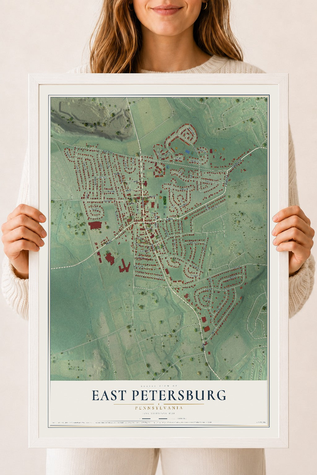 Map of East Petersburg, Pennsylvania, 18 x 24 inch print in a white wood frame