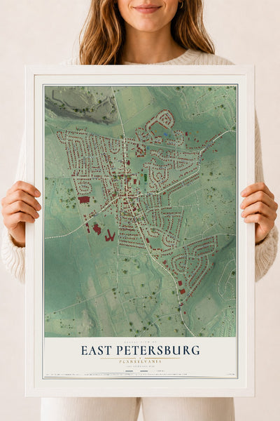 Map of East Petersburg, Pennsylvania, 18 x 24 inch print in a white wood frame