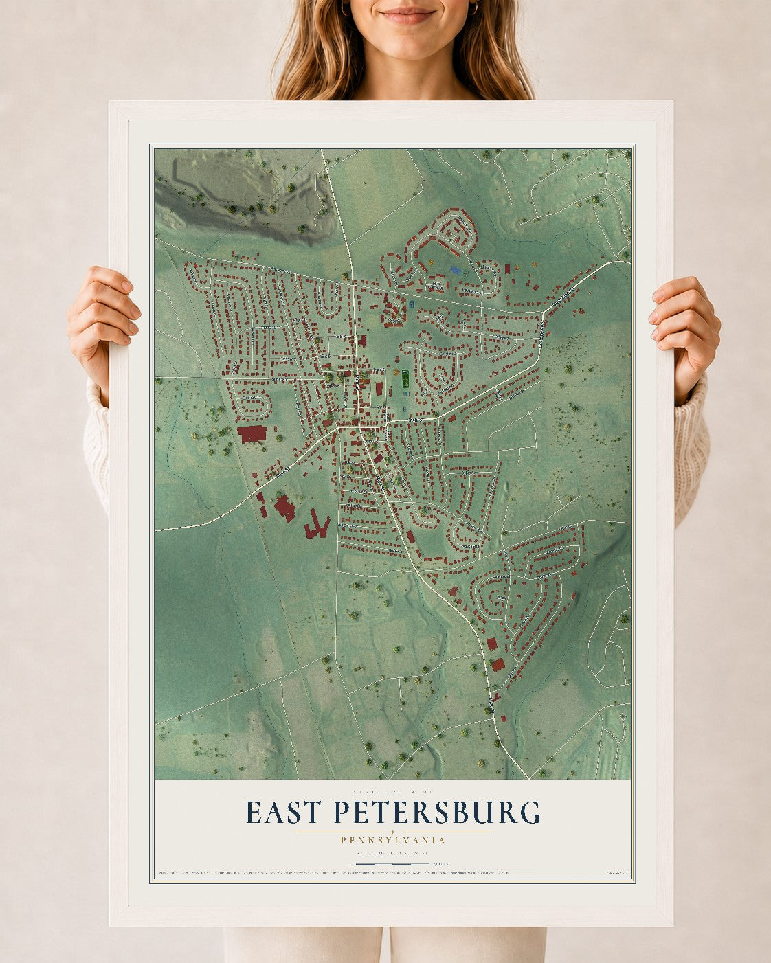 Map of East Petersburg, Pennsylvania, 24 x 36 inch print in a white wood frame