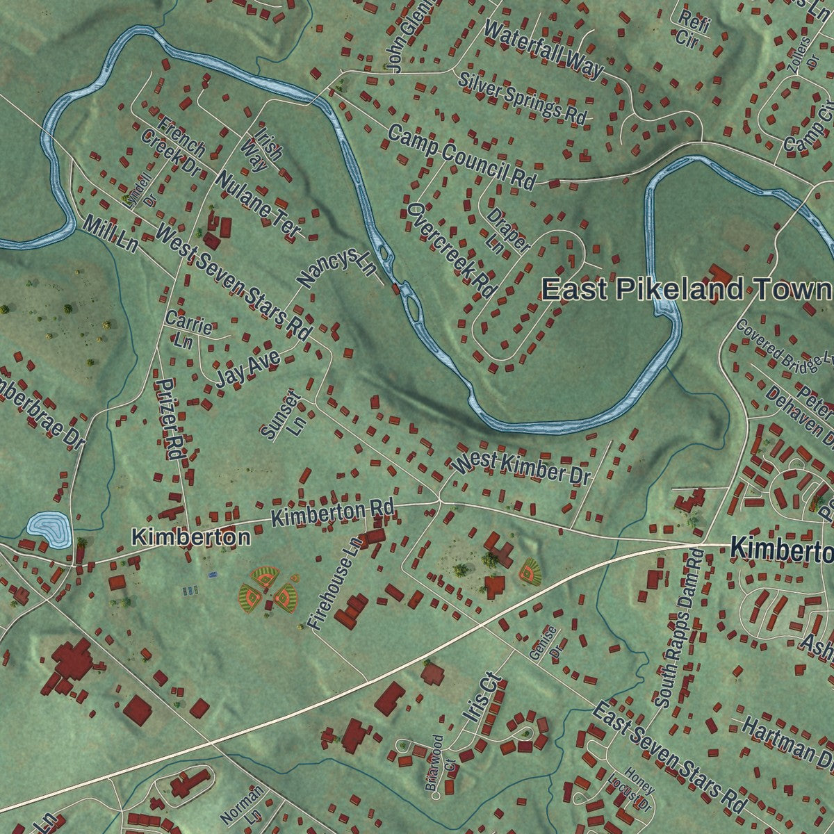 Close-up of the map of East Pikeland, Pennsylvania print showing street and building detail