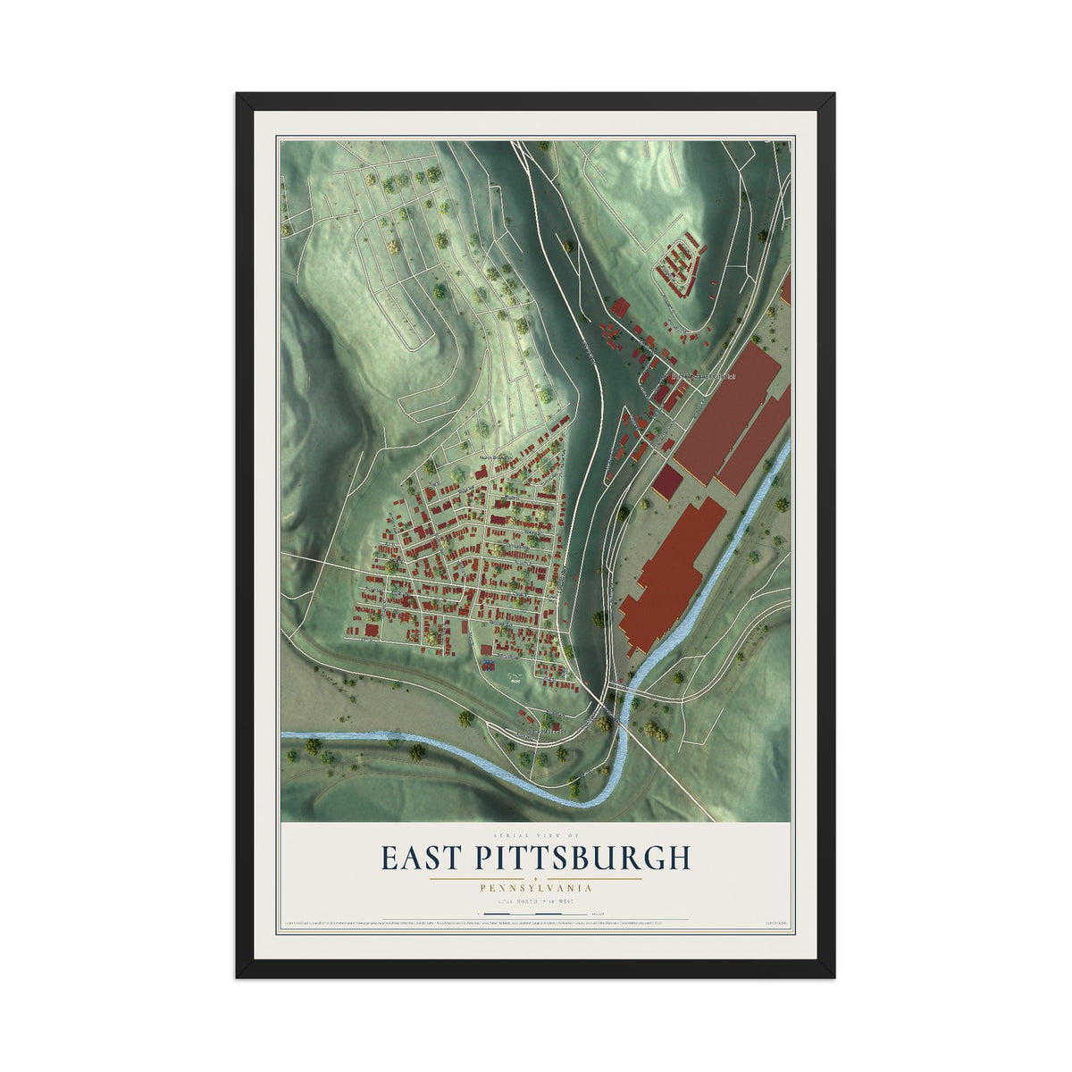 Map of East Pittsburgh, Pennsylvania, 12 x 18 inch print in a black wood frame