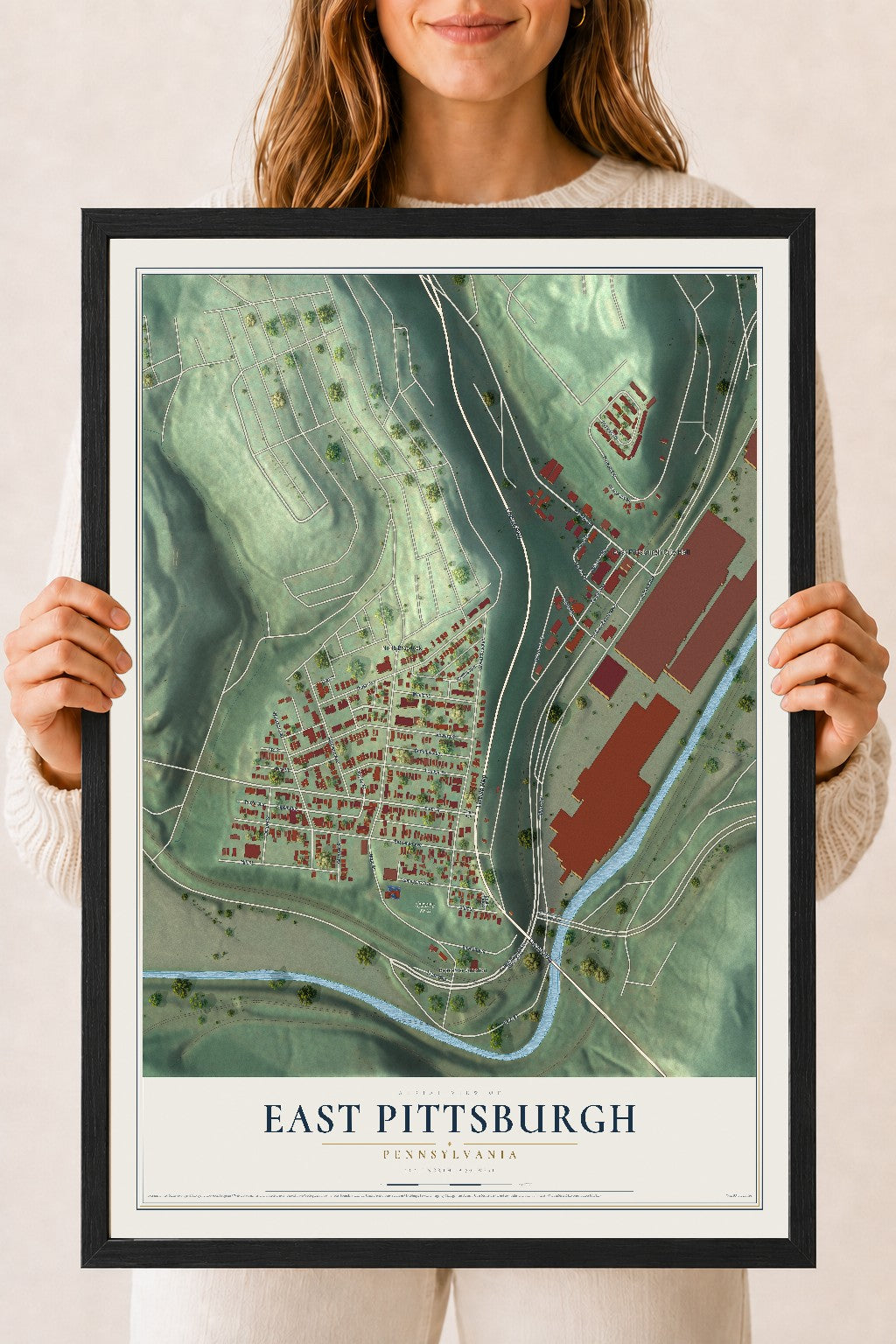 Map of East Pittsburgh, Pennsylvania, 18 x 24 inch print in a black wood frame