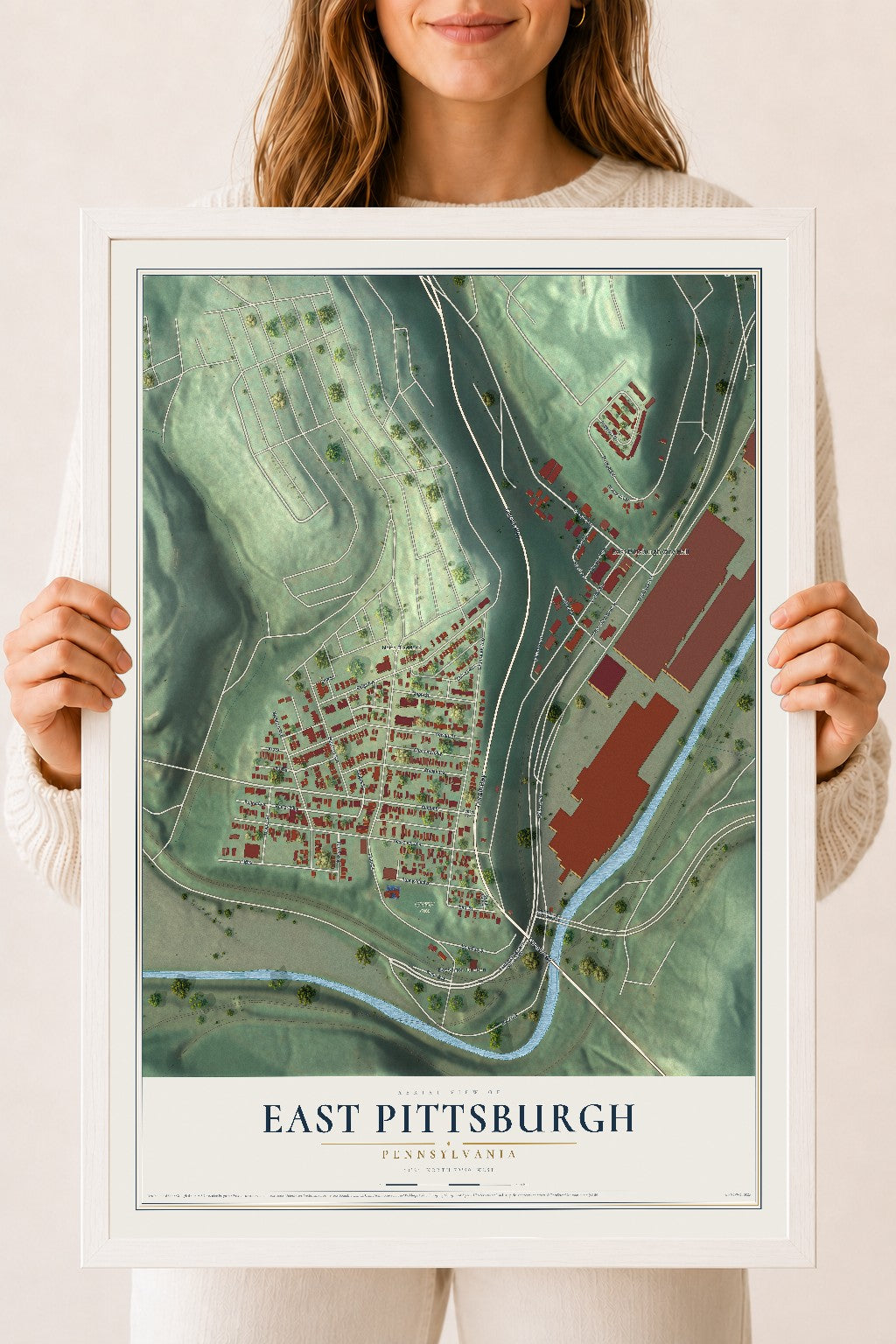 Map of East Pittsburgh, Pennsylvania, 18 x 24 inch print in a white wood frame