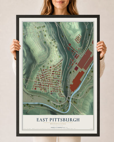 Map of East Pittsburgh, Pennsylvania, 24 x 36 inch print in a black wood frame
