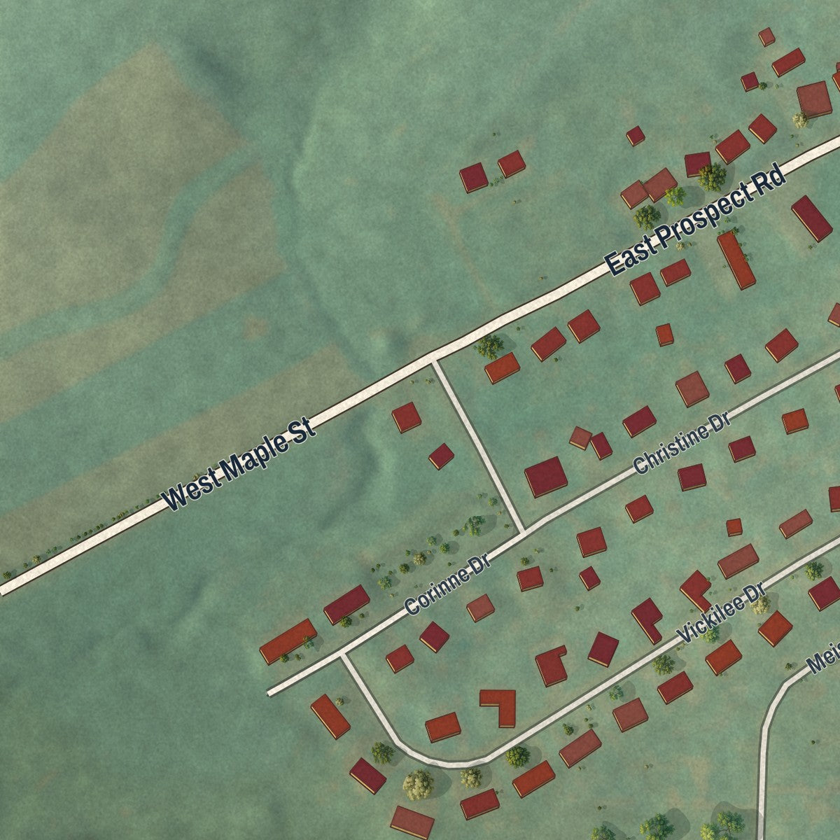 Second close-up of the map of East Prospect, Pennsylvania print showing more streets and buildings