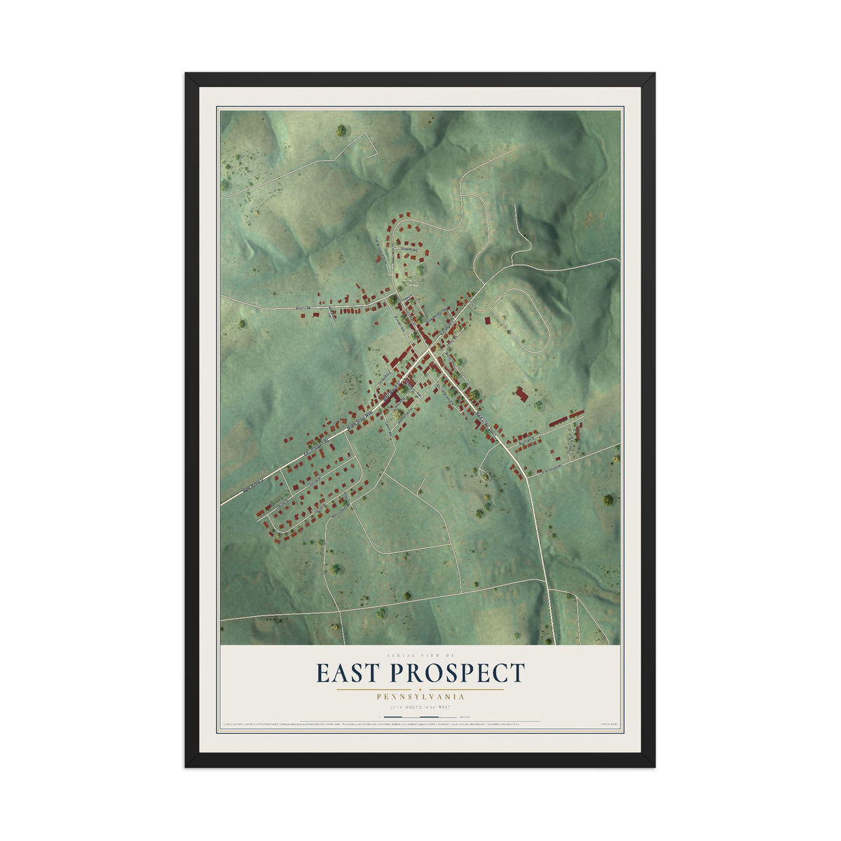 Map of East Prospect, Pennsylvania, 12 x 18 inch print in a black wood frame