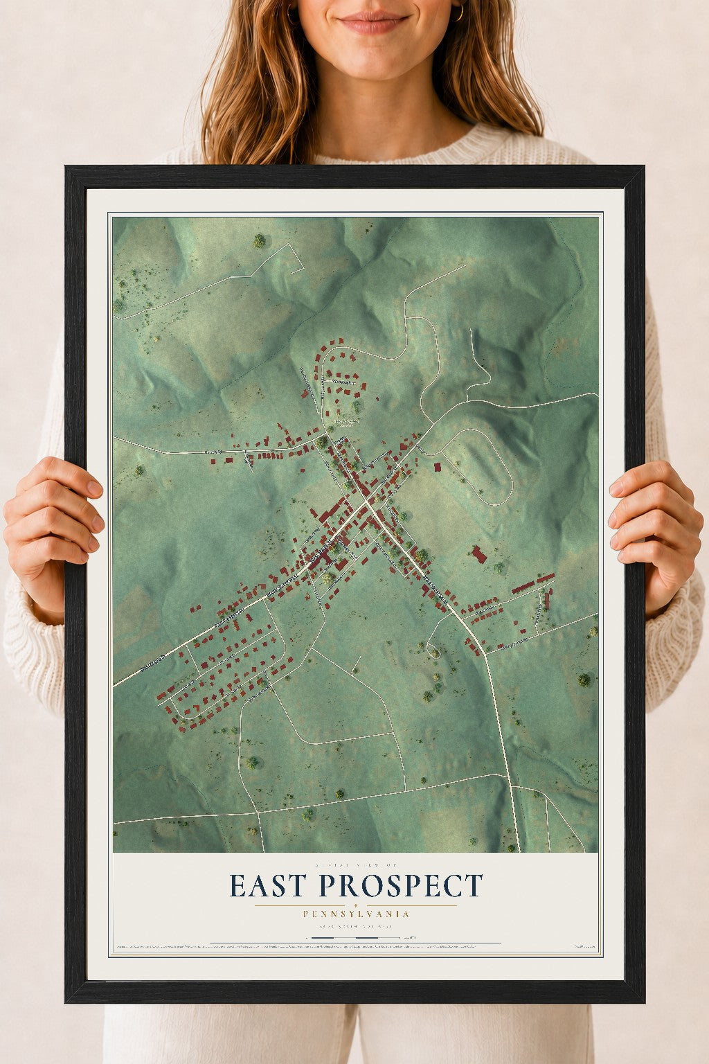 Map of East Prospect, Pennsylvania, 18 x 24 inch print in a black wood frame