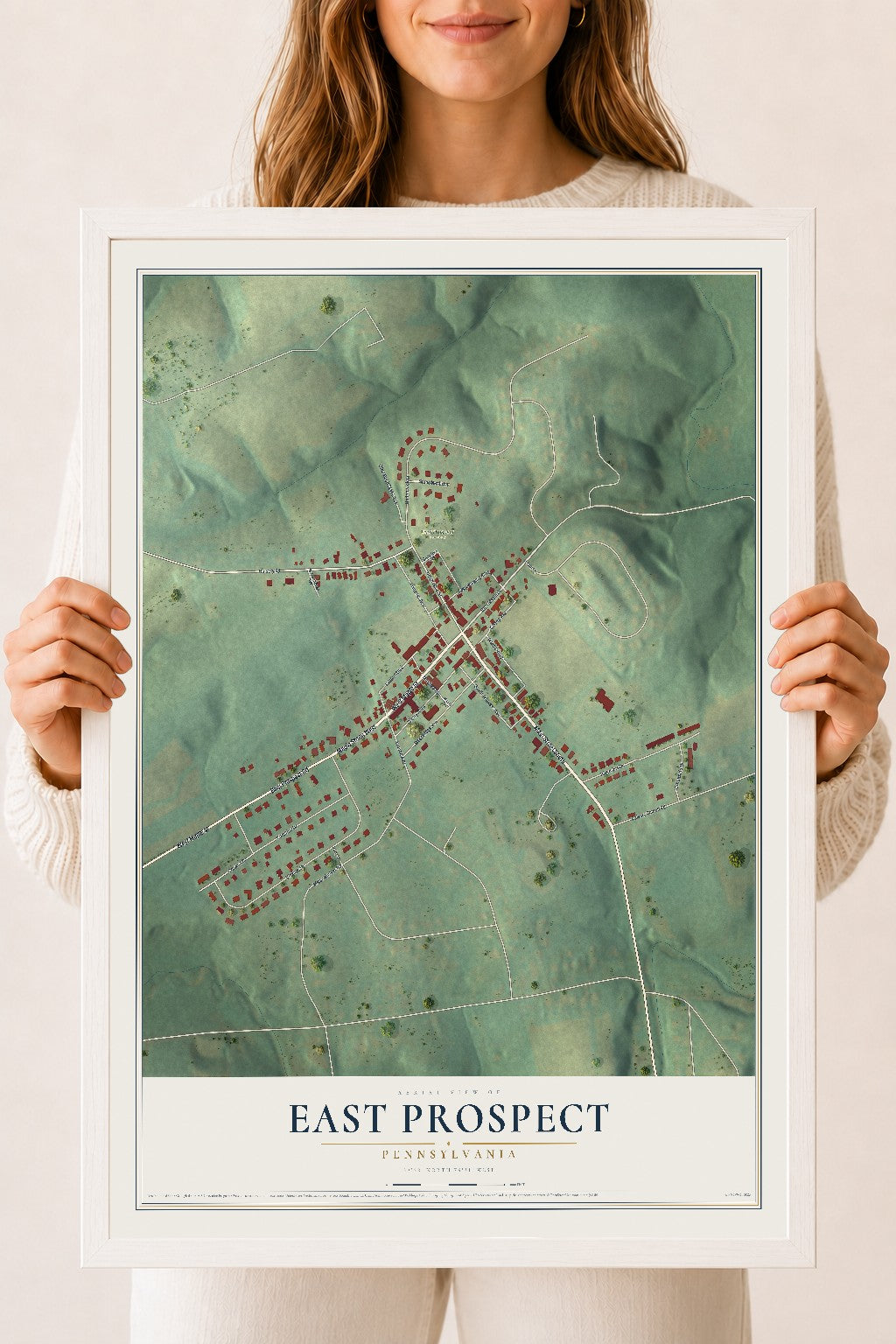 Map of East Prospect, Pennsylvania, 18 x 24 inch print in a white wood frame