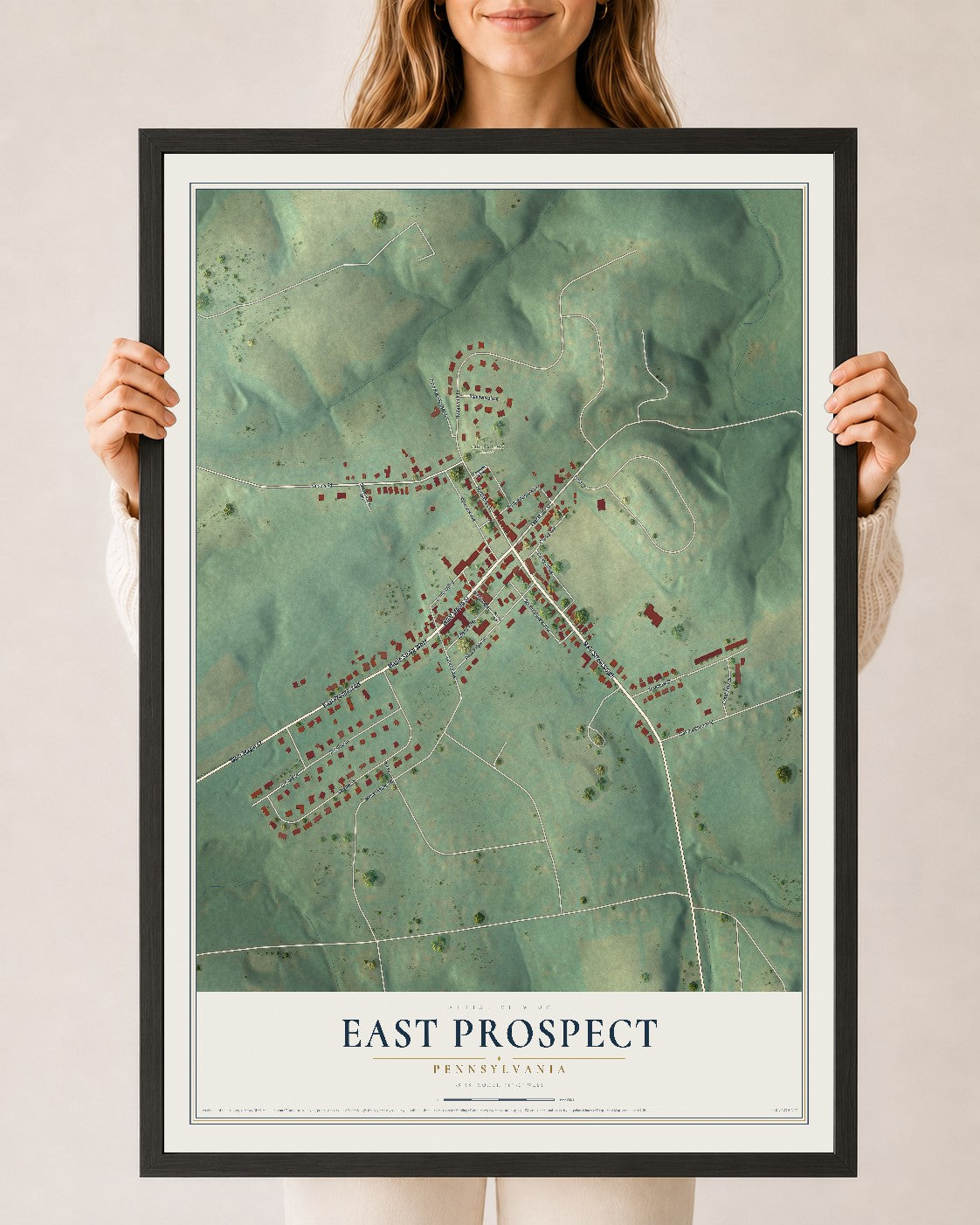Map of East Prospect, Pennsylvania, 24 x 36 inch print in a black wood frame