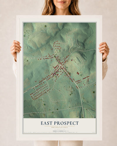 Map of East Prospect, Pennsylvania, 24 x 36 inch print in a white wood frame