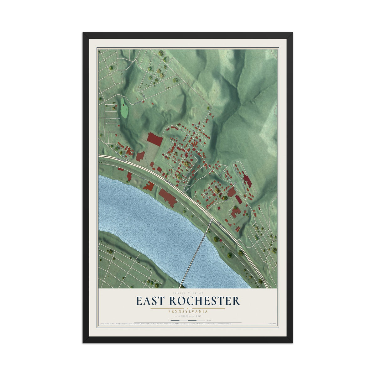 Map of East Rochester, Pennsylvania, 12 x 18 inch print in a black wood frame