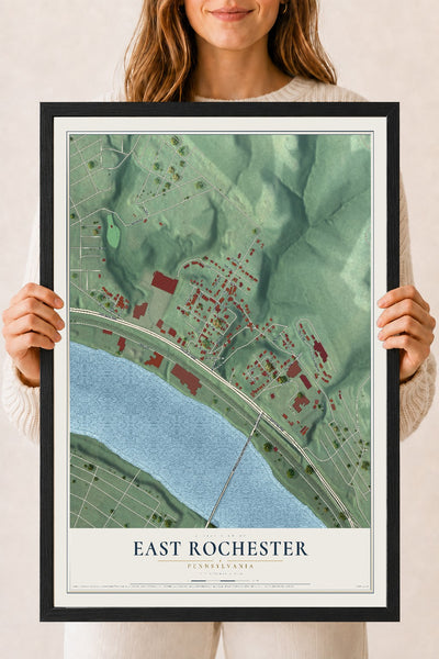Map of East Rochester, Pennsylvania, 18 x 24 inch print in a black wood frame