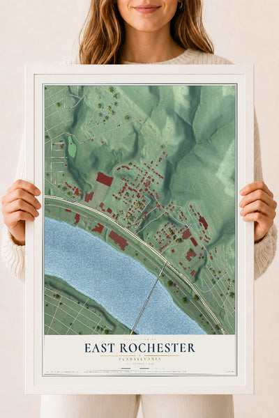 Map of East Rochester, Pennsylvania, 18 x 24 inch print in a white wood frame