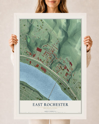 Map of East Rochester, Pennsylvania, 24 x 36 inch print in a white wood frame