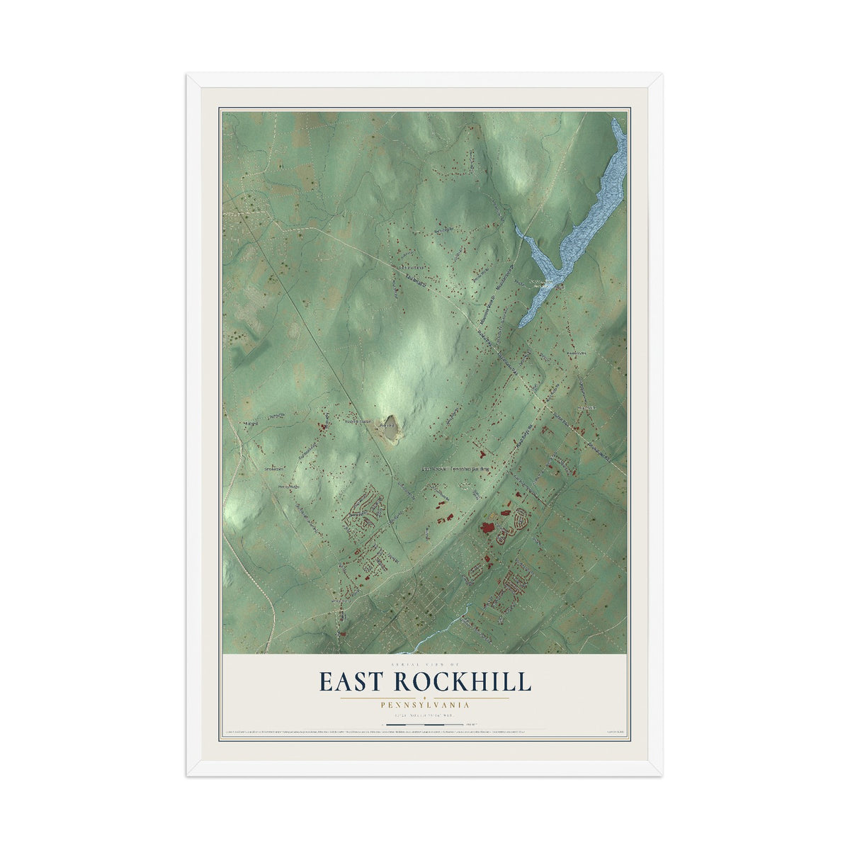 Map of East Rockhill, Pennsylvania, 12 x 18 inch print in a white wood frame