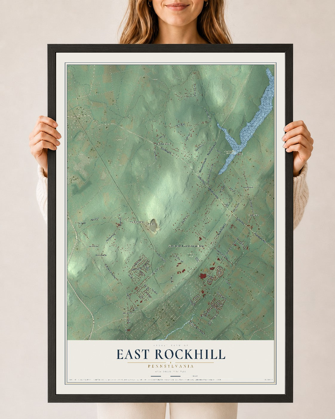 Map of East Rockhill, Pennsylvania, 24 x 36 inch print in a black wood frame