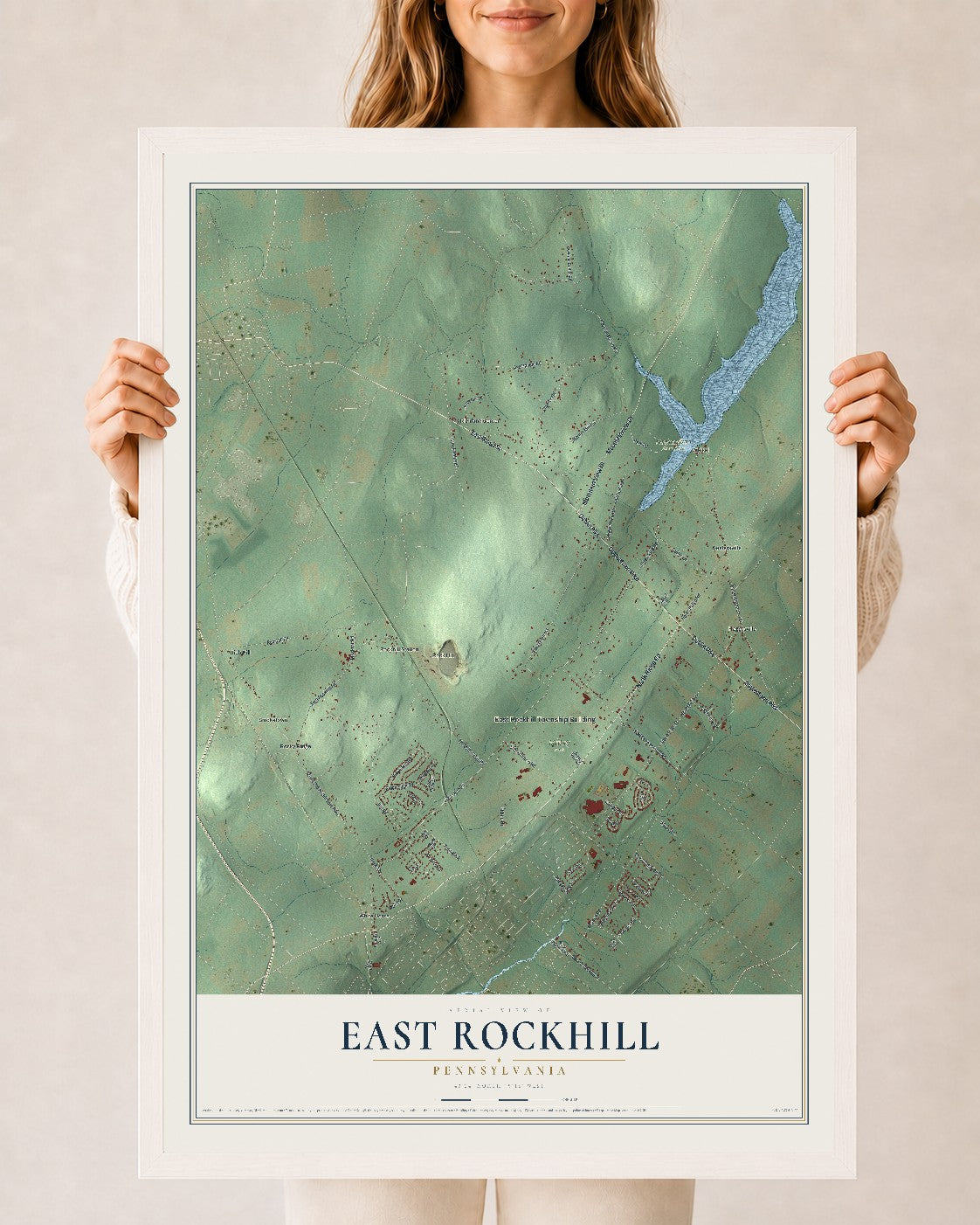Map of East Rockhill, Pennsylvania, 24 x 36 inch print in a white wood frame