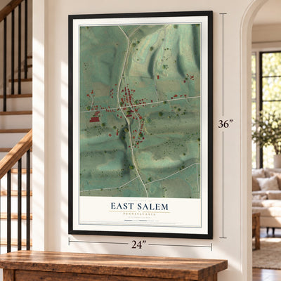 East Salem, Pennsylvania map, 24 x 36 inch print in a black frame by a staircase