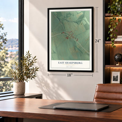 East Sharpsburg, Pennsylvania map, 18 x 24 inch print in a black frame in a home office