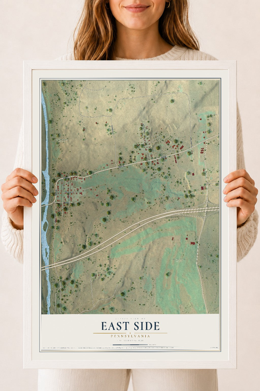Map of East Side, Pennsylvania, 18 x 24 inch print in a white wood frame