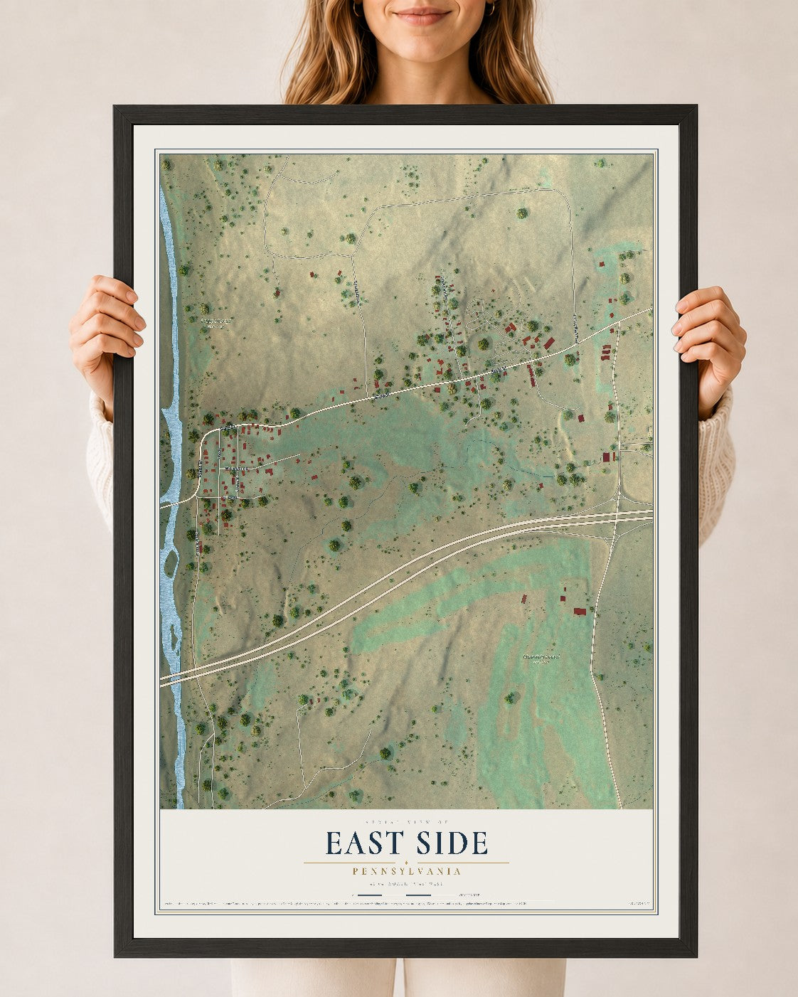 Map of East Side, Pennsylvania, 24 x 36 inch print in a black wood frame