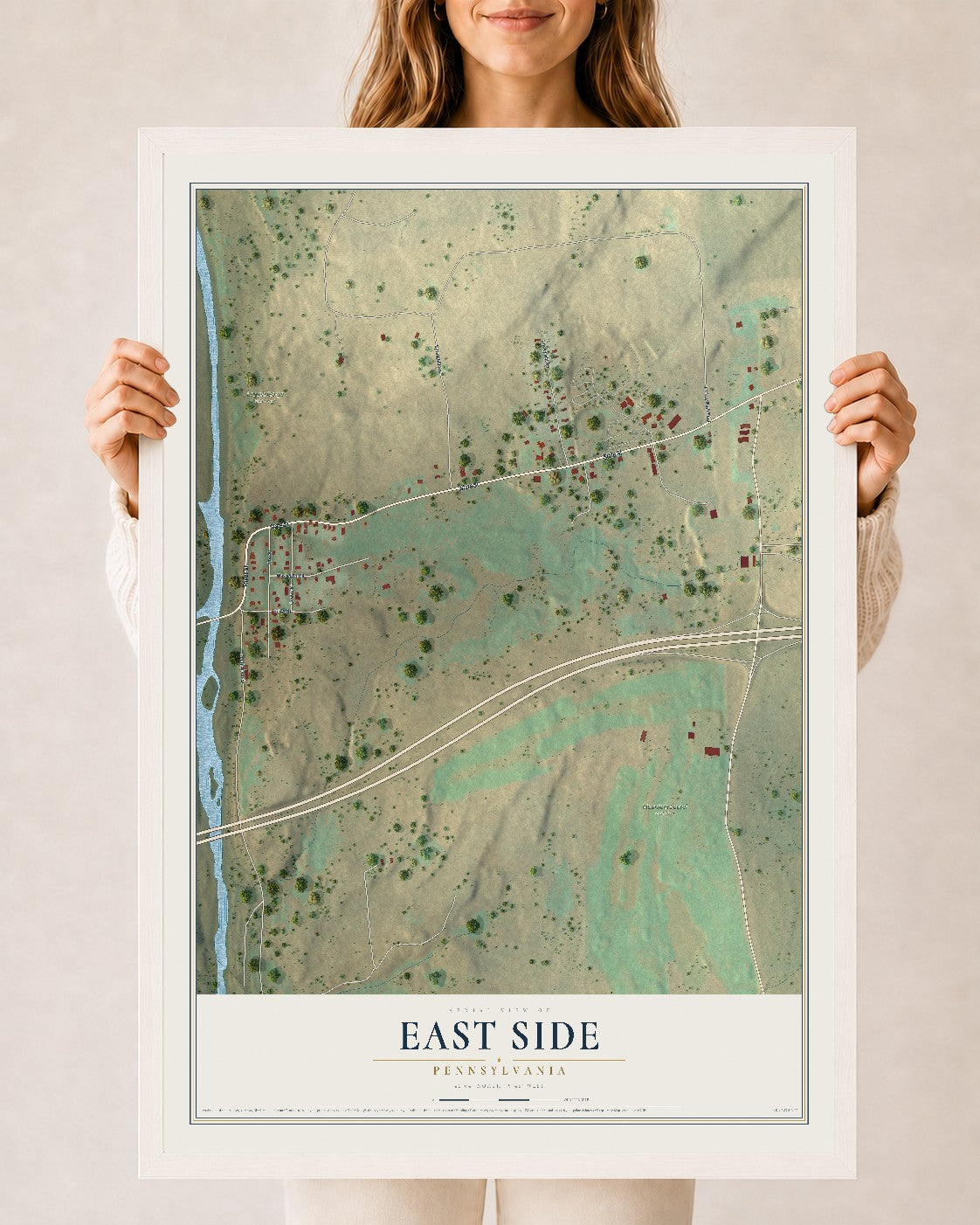 Map of East Side, Pennsylvania, 24 x 36 inch print in a white wood frame