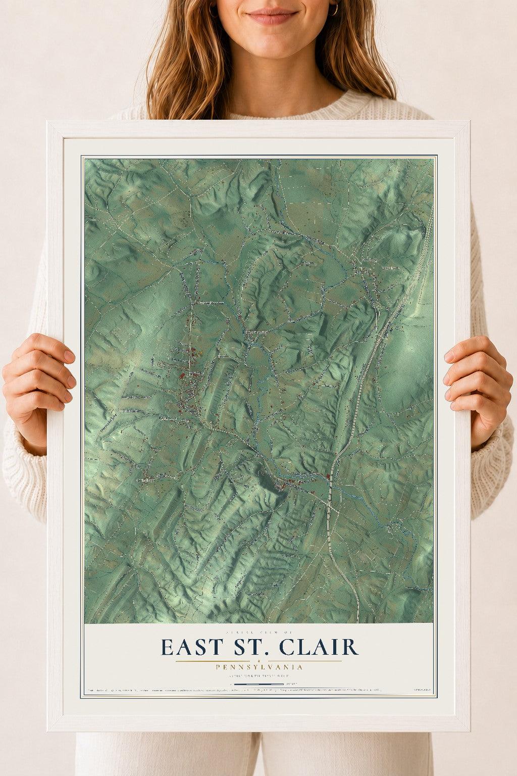 Map of East St. Clair, Pennsylvania, 18 x 24 inch print in a white wood frame