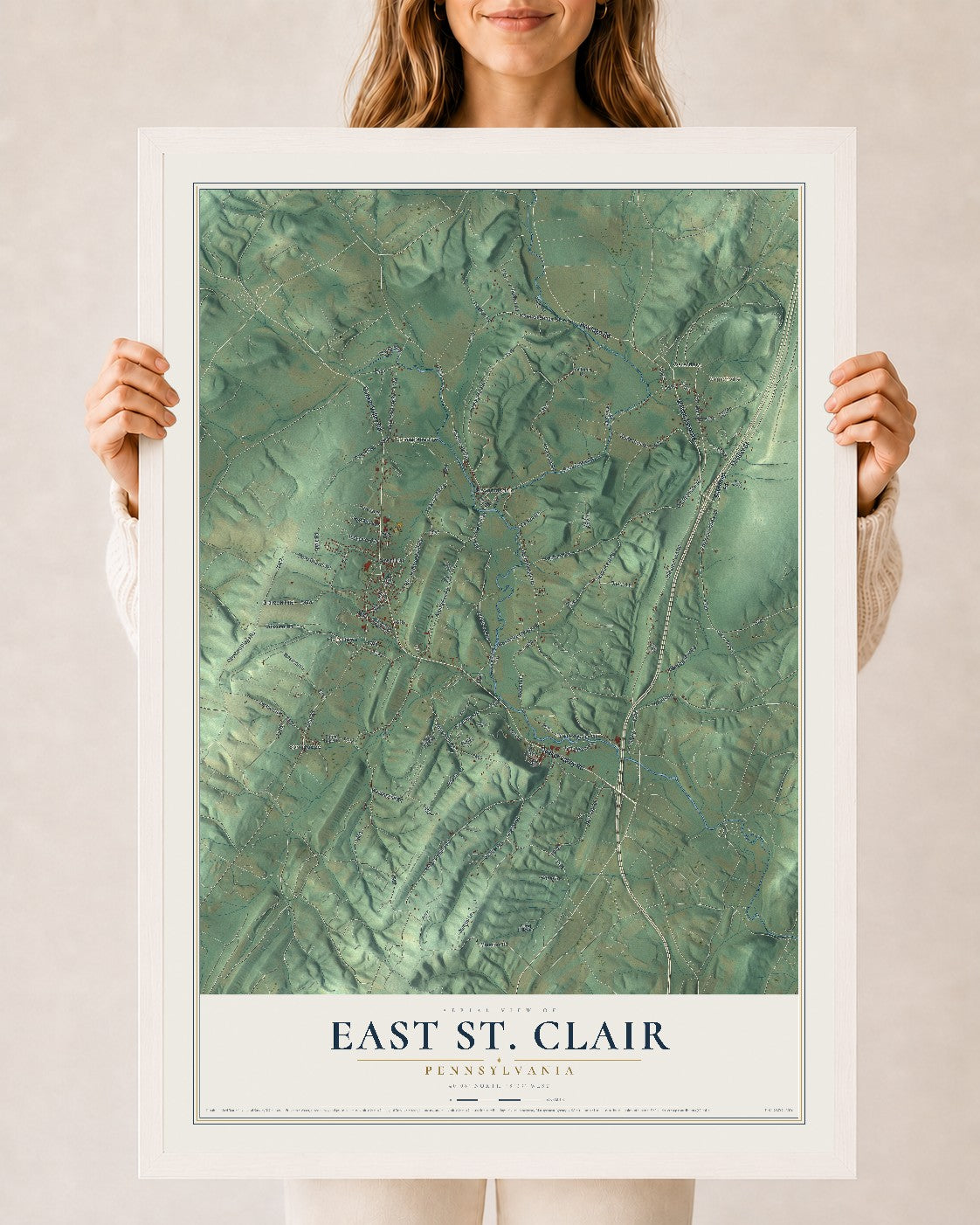 Map of East St. Clair, Pennsylvania, 24 x 36 inch print in a white wood frame