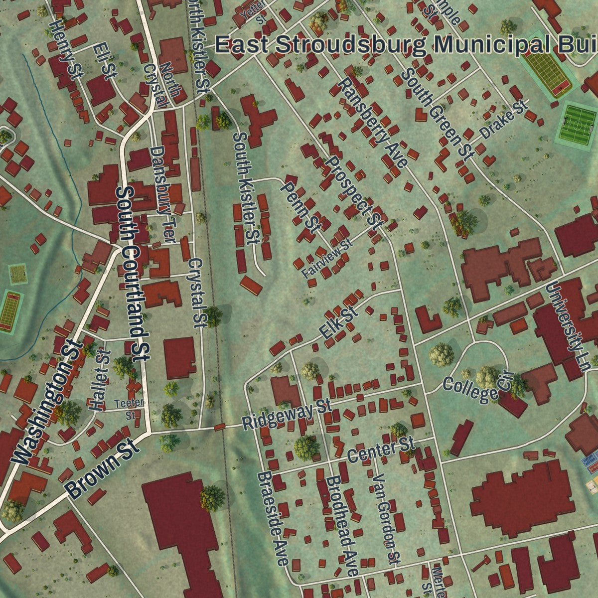Close-up of the map of East Stroudsburg, Pennsylvania print showing street and building detail