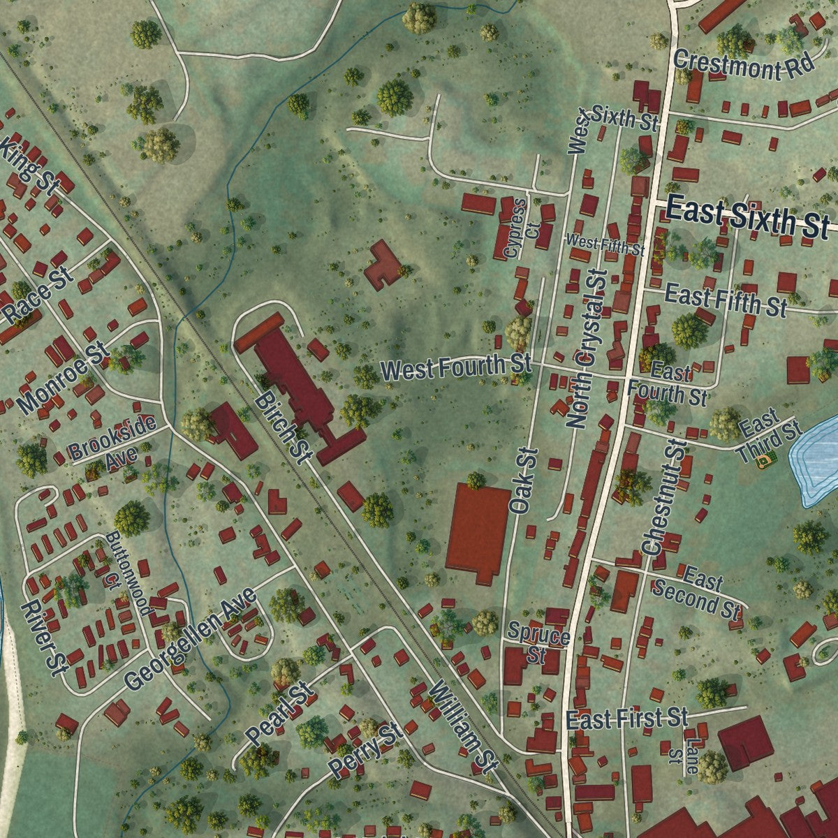 Second close-up of the map of East Stroudsburg, Pennsylvania print showing more streets and buildings