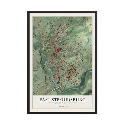 Map of East Stroudsburg, Pennsylvania, 12 x 18 inch print in a black wood frame