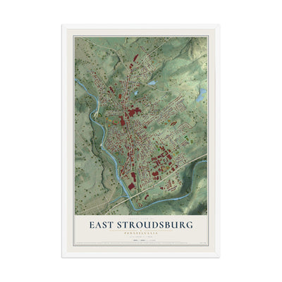 Map of East Stroudsburg, Pennsylvania, 12 x 18 inch print in a white wood frame