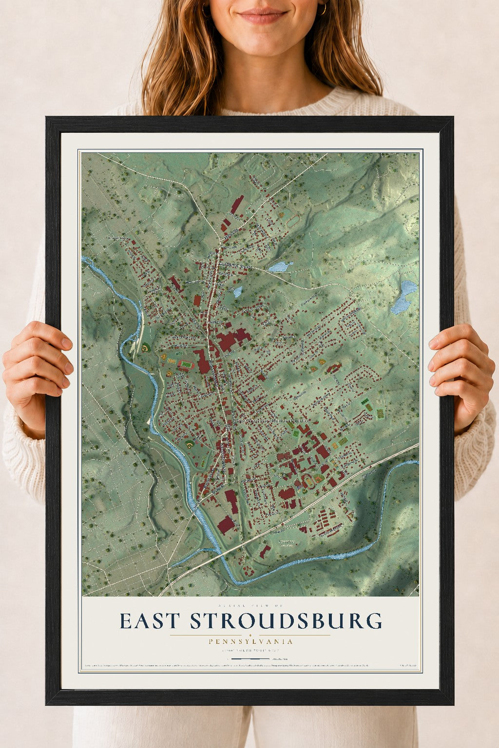 Map of East Stroudsburg, Pennsylvania, 18 x 24 inch print in a black wood frame
