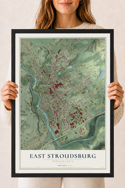 Map of East Stroudsburg, Pennsylvania, 18 x 24 inch print in a black wood frame