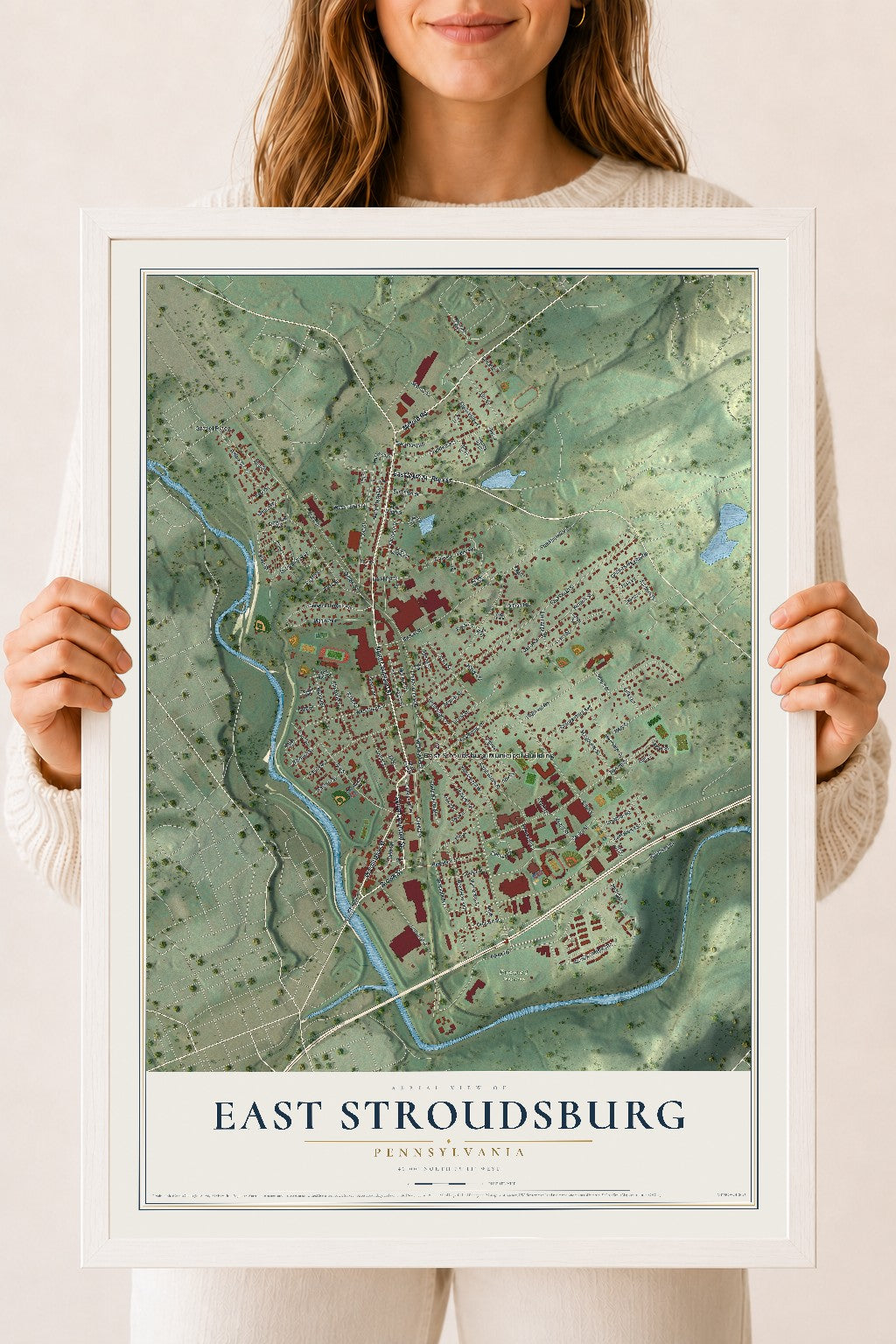 Map of East Stroudsburg, Pennsylvania, 18 x 24 inch print in a white wood frame