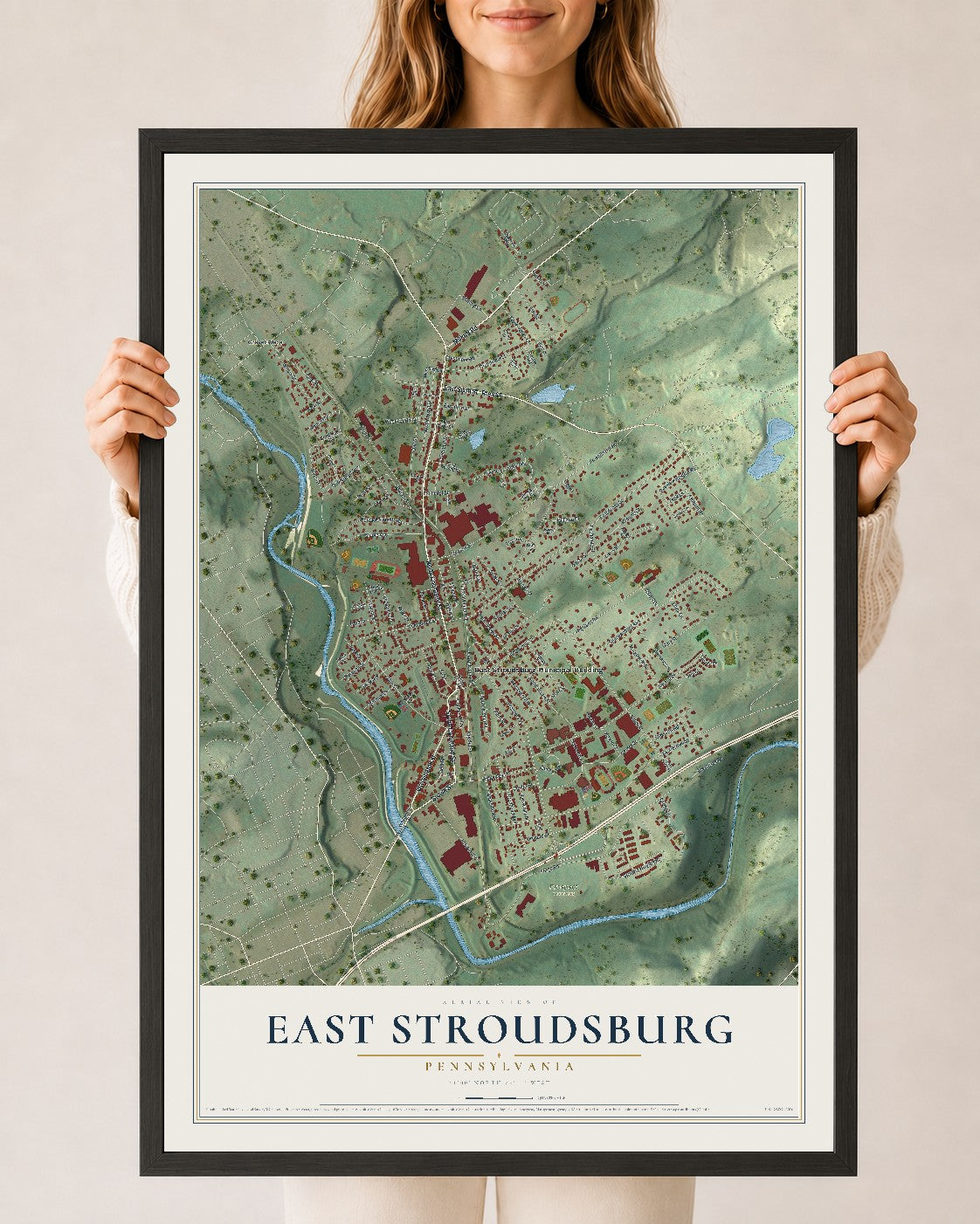 Map of East Stroudsburg, Pennsylvania, 24 x 36 inch print in a black wood frame