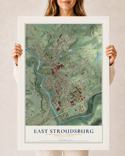 Map of East Stroudsburg, Pennsylvania, 24 x 36 inch print in a white wood frame