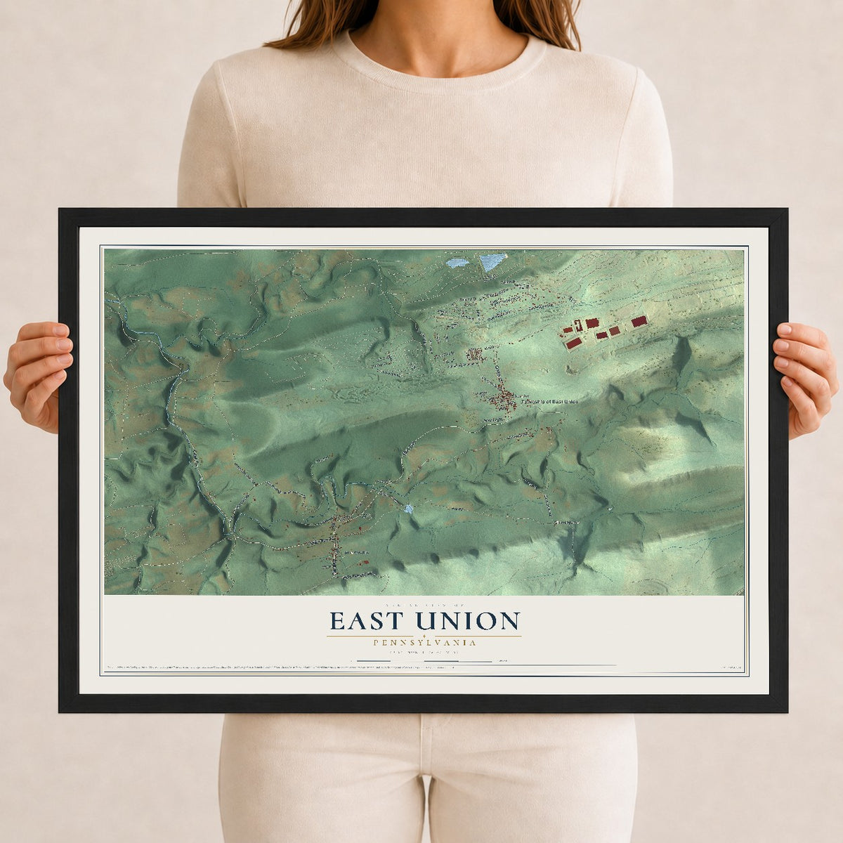 Map of East Union, Pennsylvania, 12 x 18 inch print in a black wood frame